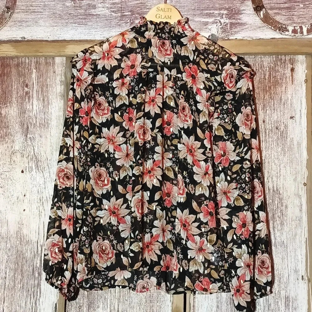 Floral sheer boho gathered mock neck flowy ruffle shimmer wide sleeve M - Picture 5 of 16